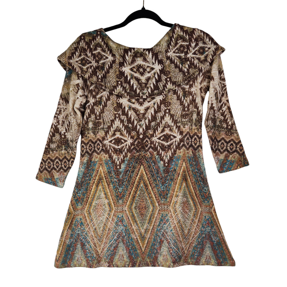 Reba Tunic Top Blouse Small Brown Turquoise Beaded Shawl Collar Western Aztec